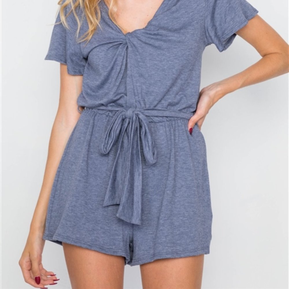 📦 MOVE OUT SALE - Denim Blue V-Neck Front Roll Knot Jersey Romper